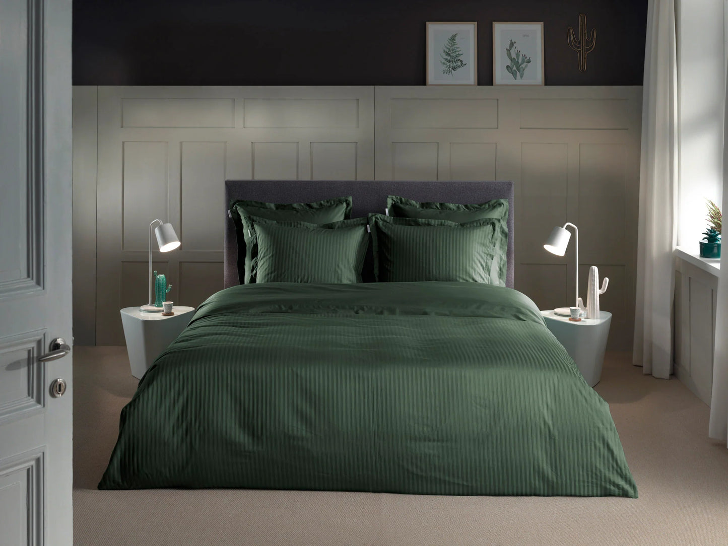 Green Satin Stripe Duvet Cover Set