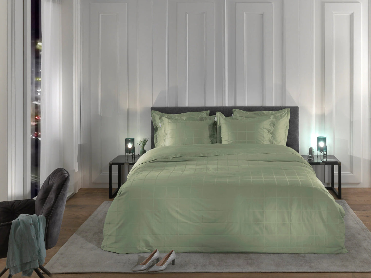 Light Green Checked Satin Duvet Cover Set