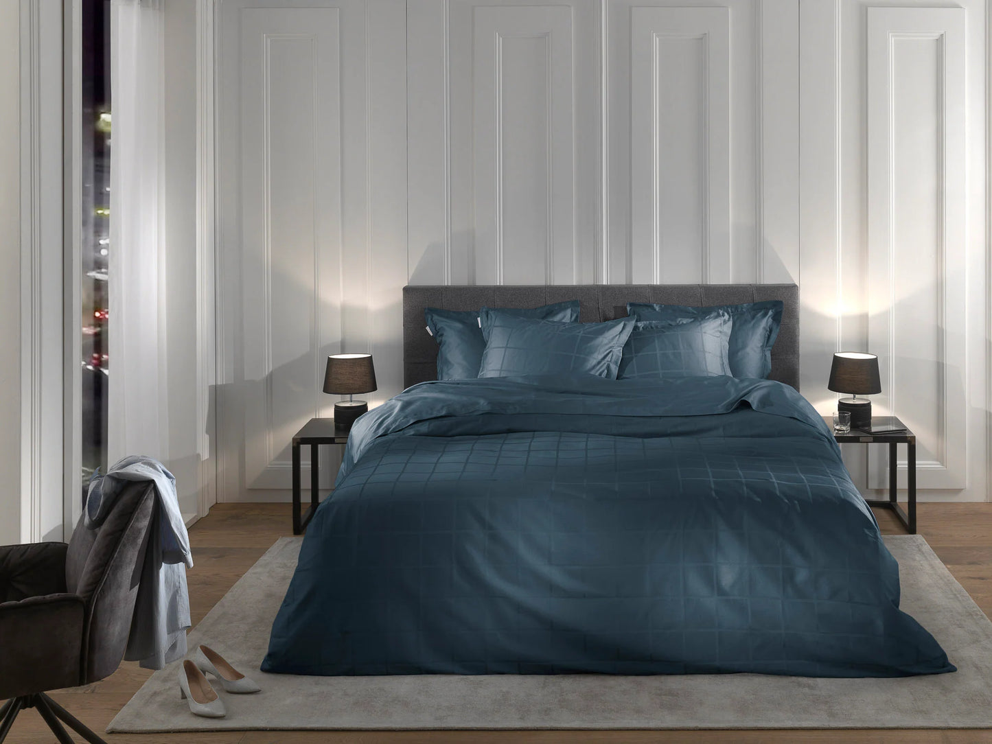 Navy Blue Checked Satin Duvet Cover Set