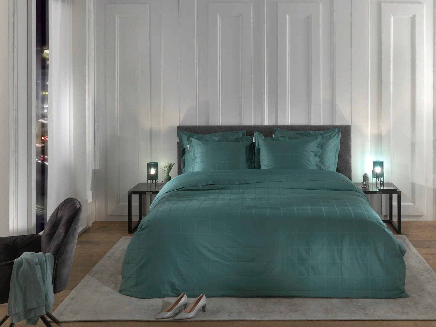 Mineral Green Checked Satin Duvet Cover Set