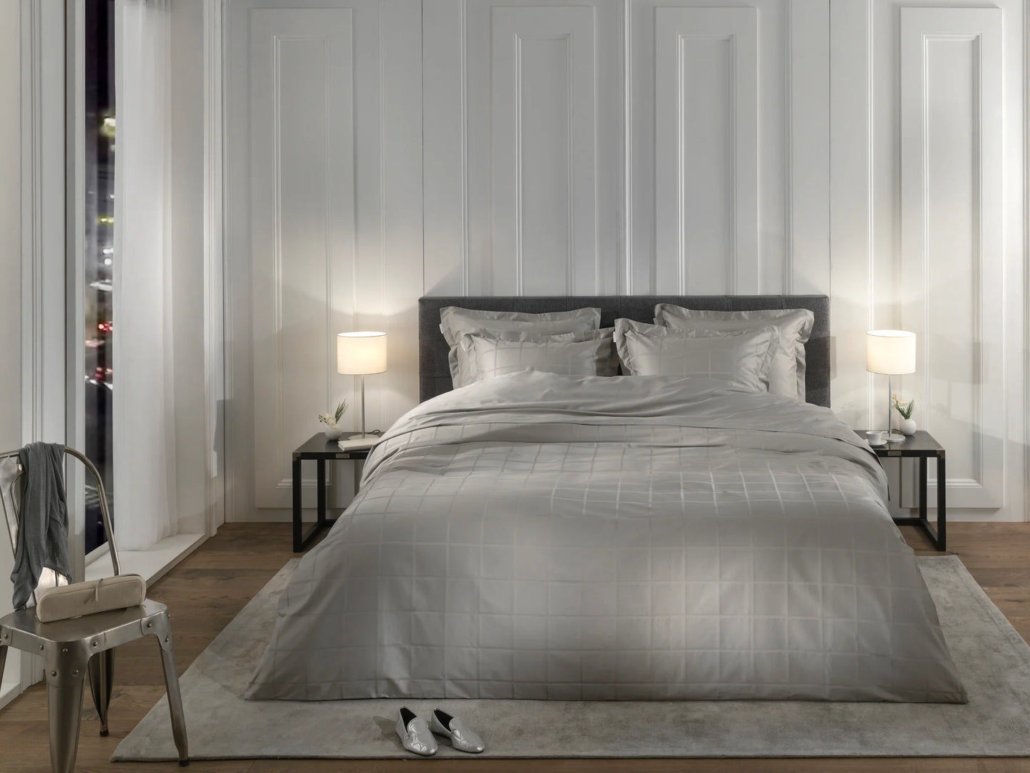 Glacier Grey Checked Satin Duvet Cover Set