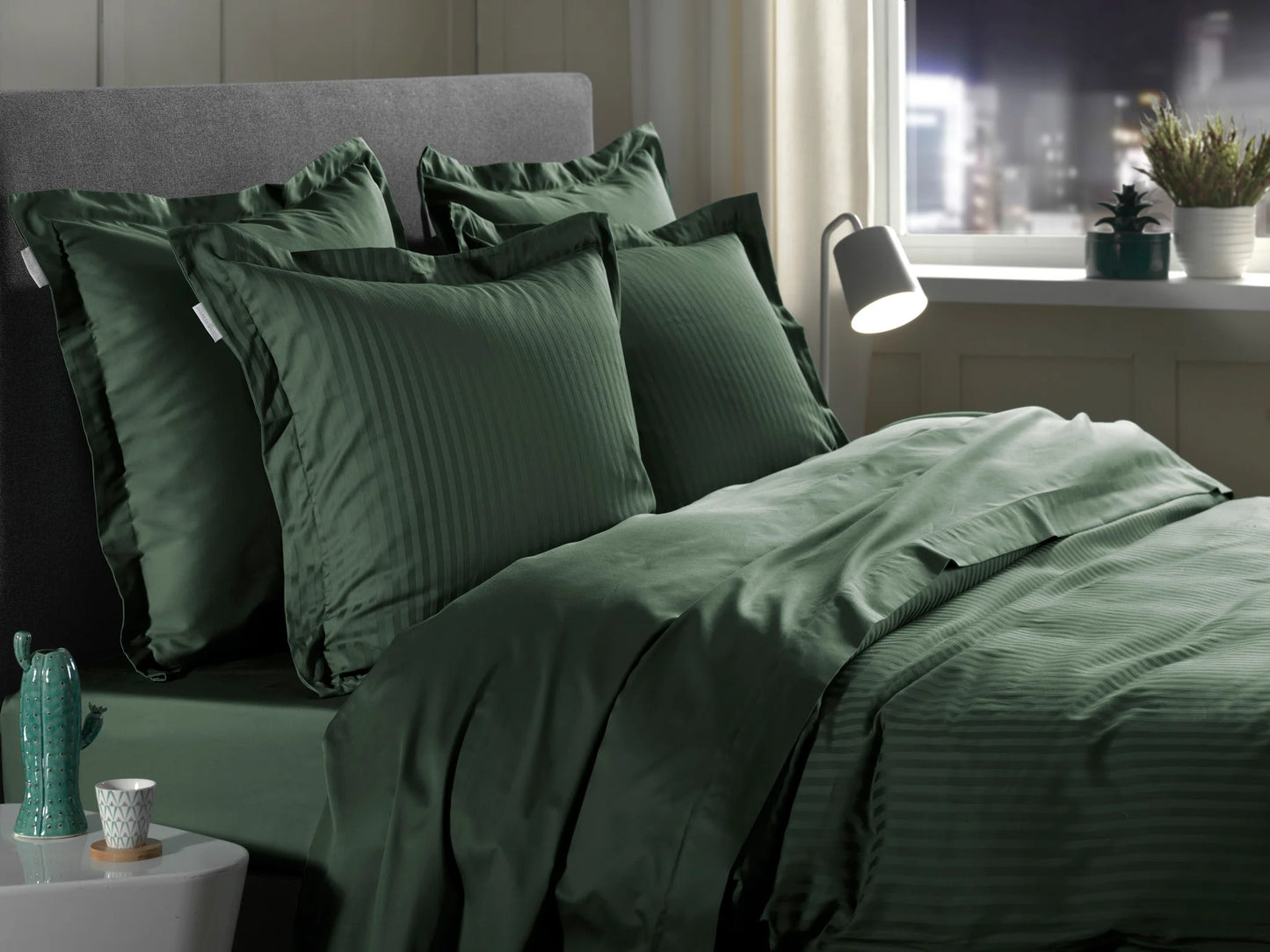 Green Satin Stripe Duvet Cover Set