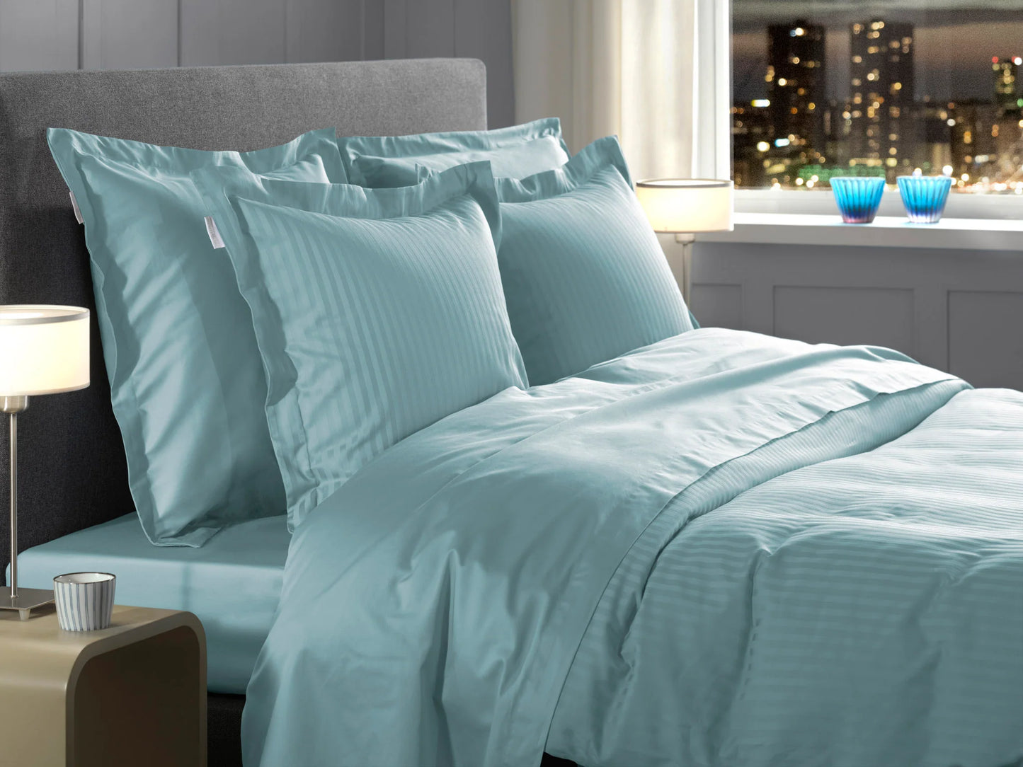 Ice Blue Satin Stripe Duvet Cover Set