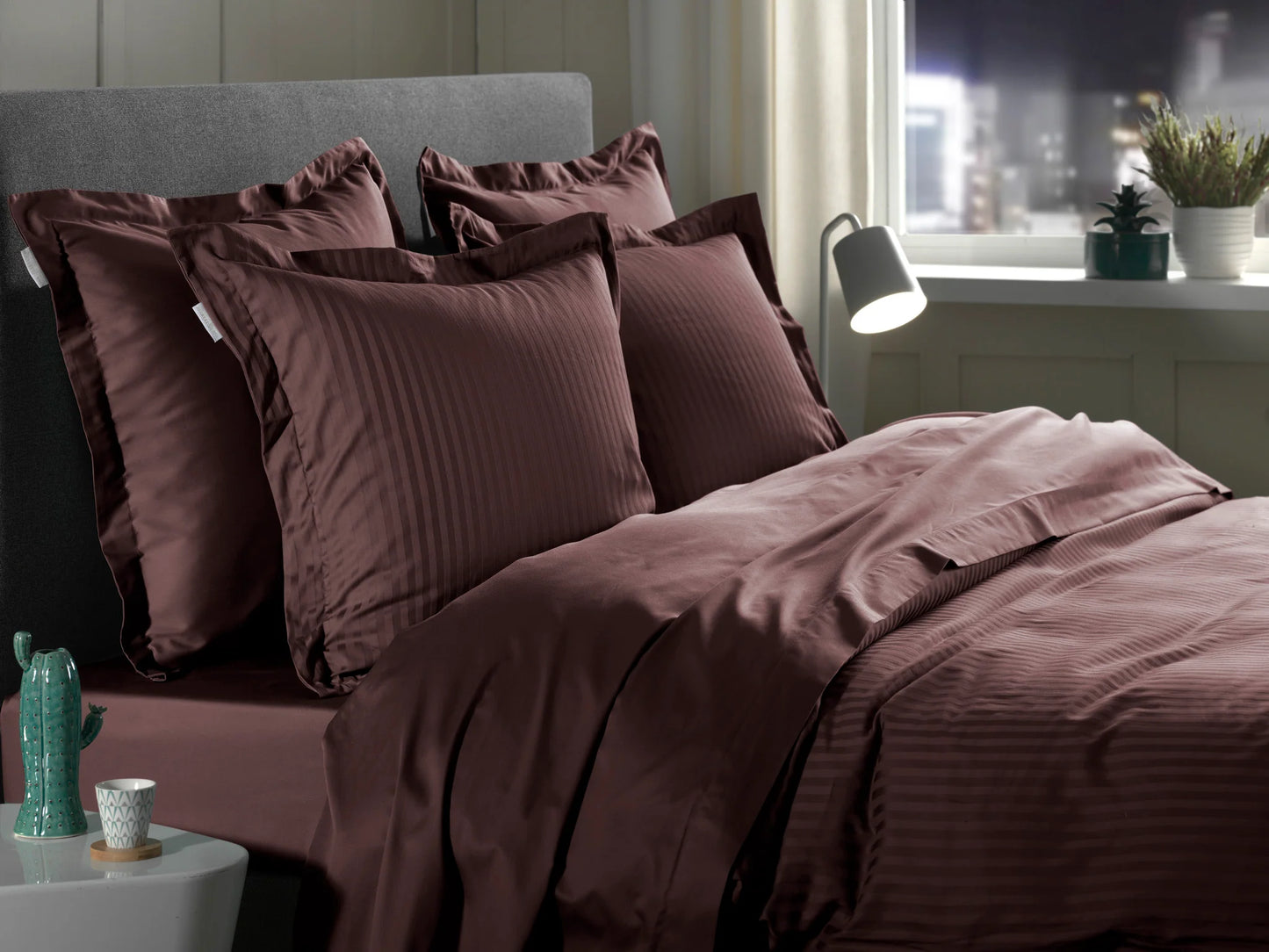 Brown Satin Stripe Duvet Cover Set