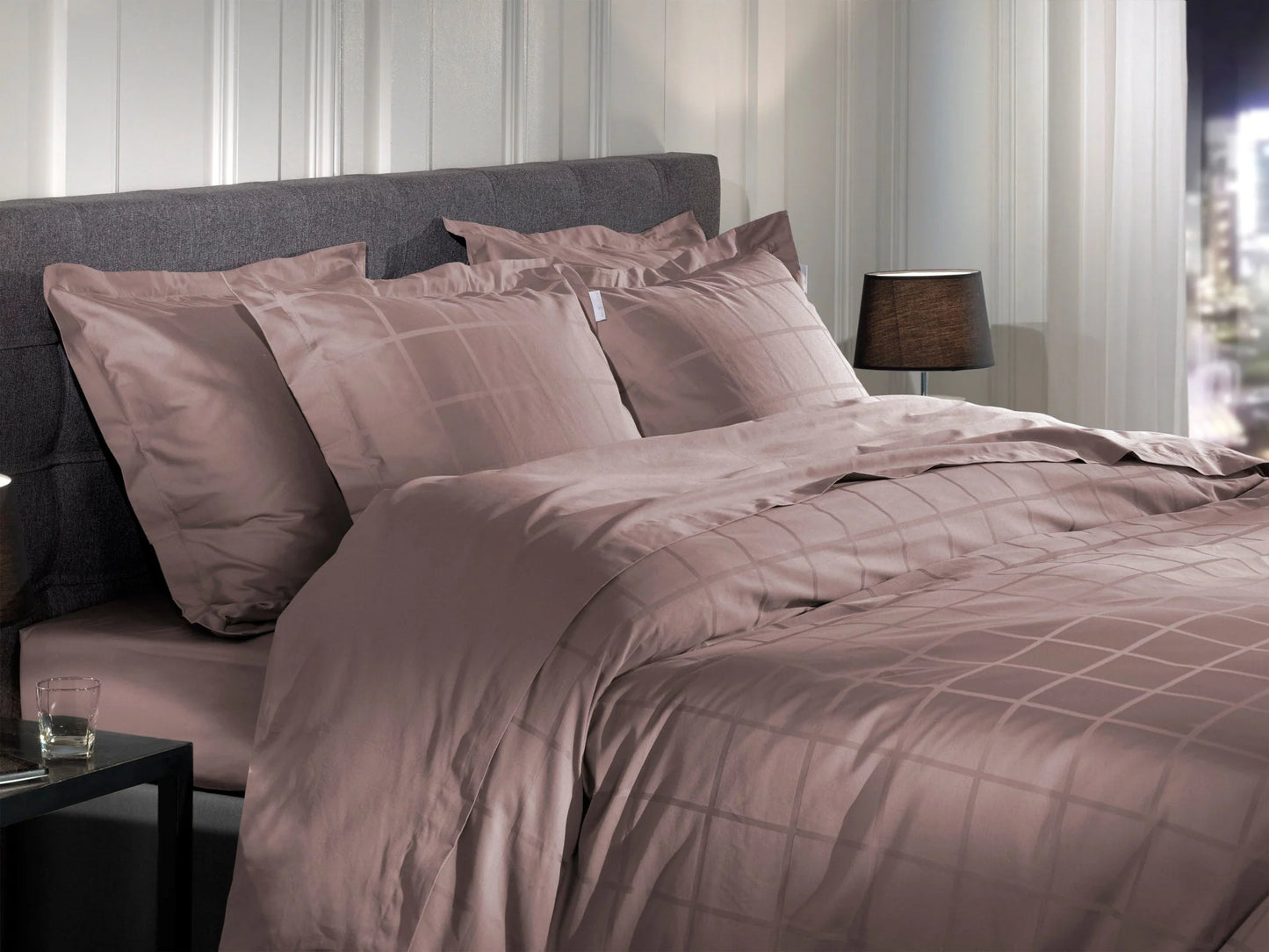 Rose Gold Checked Satin Duvet Cover Set