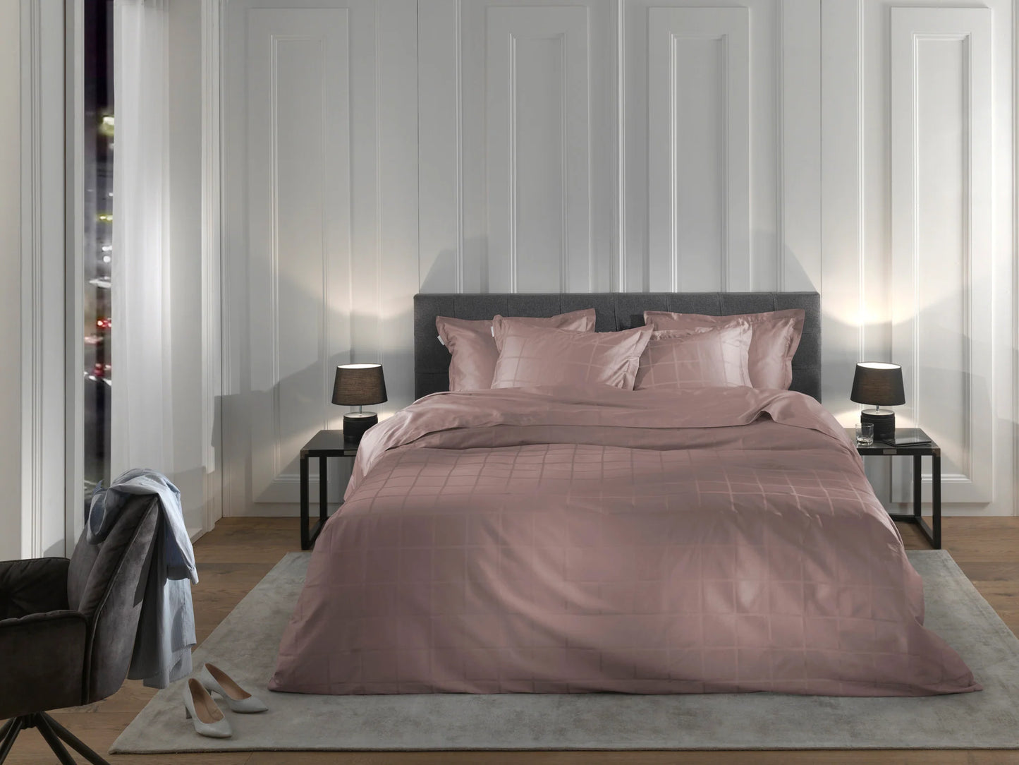 Rose Gold Checked Satin Duvet Cover Set
