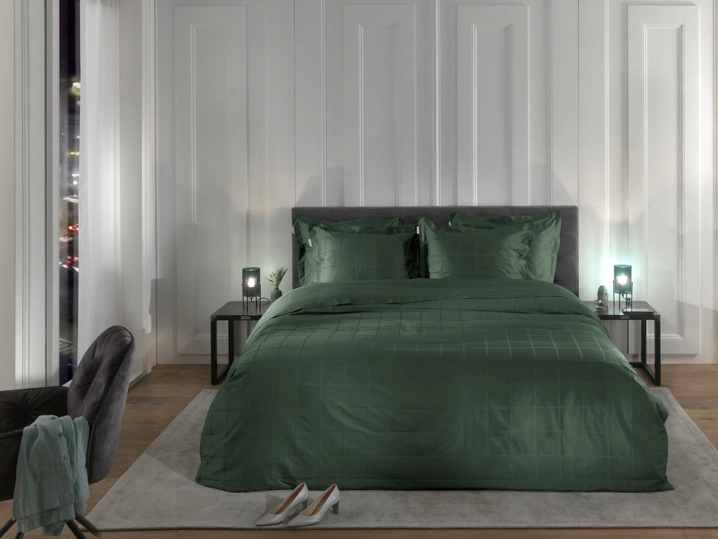 Green Checked Satin Duvet Cover Set