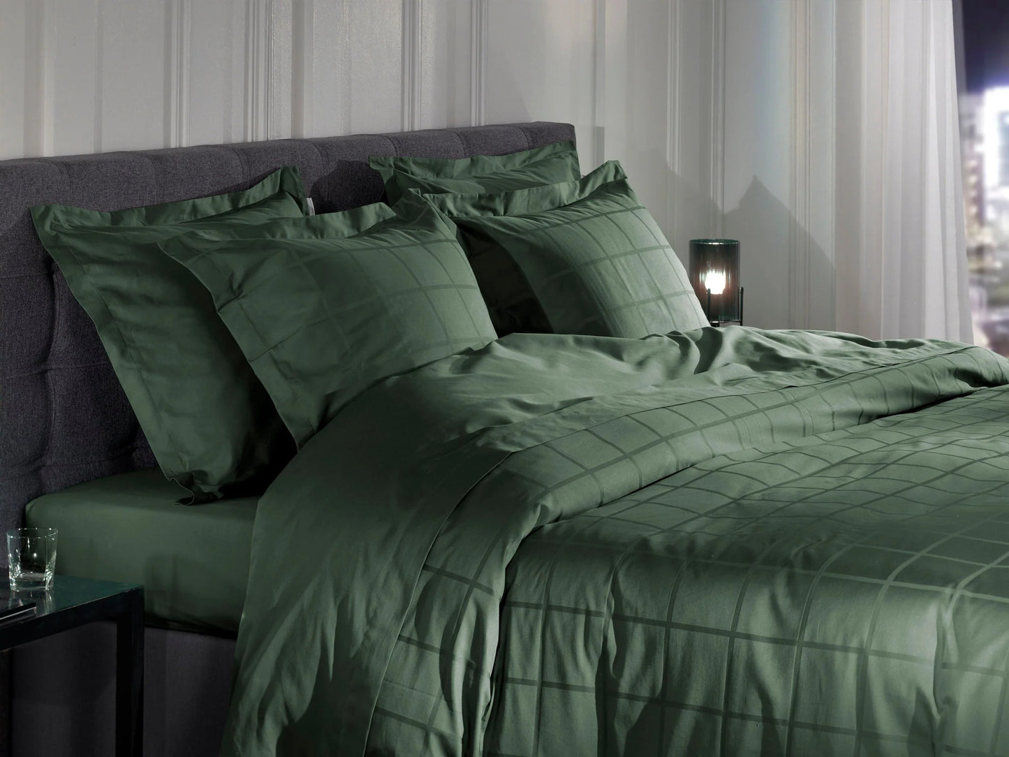 Green Checked Satin Duvet Cover Set