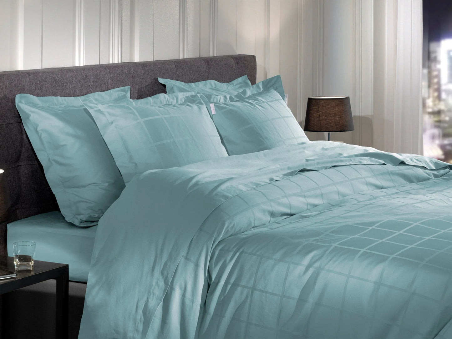 Ice Blue Checked Satin Duvet Cover Set