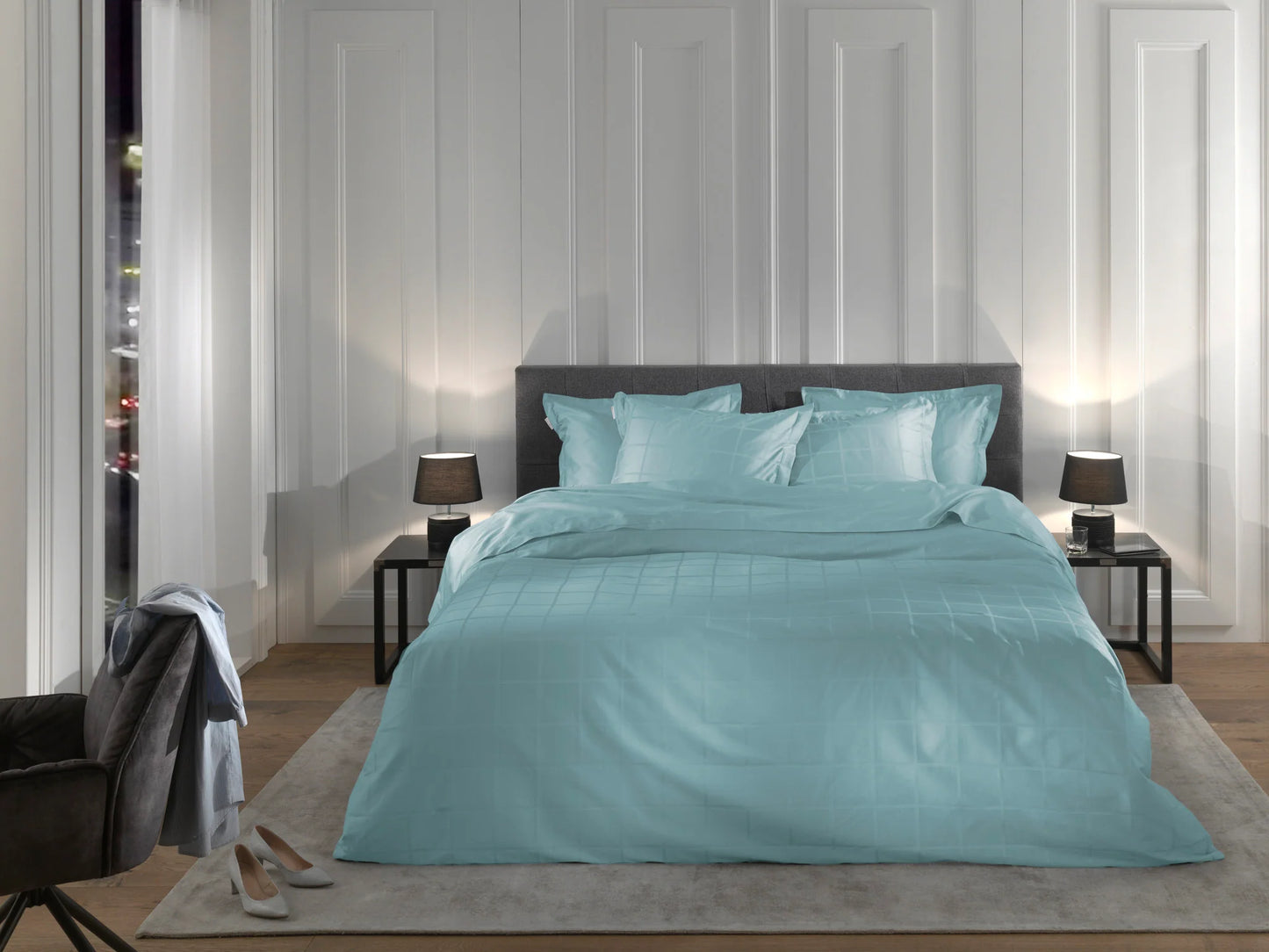 Ice Blue Checked Satin Duvet Cover Set
