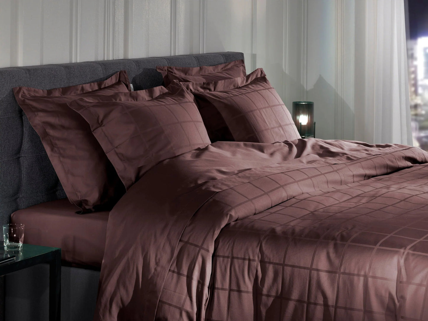 Brown Checked Satin Duvet Cover Set