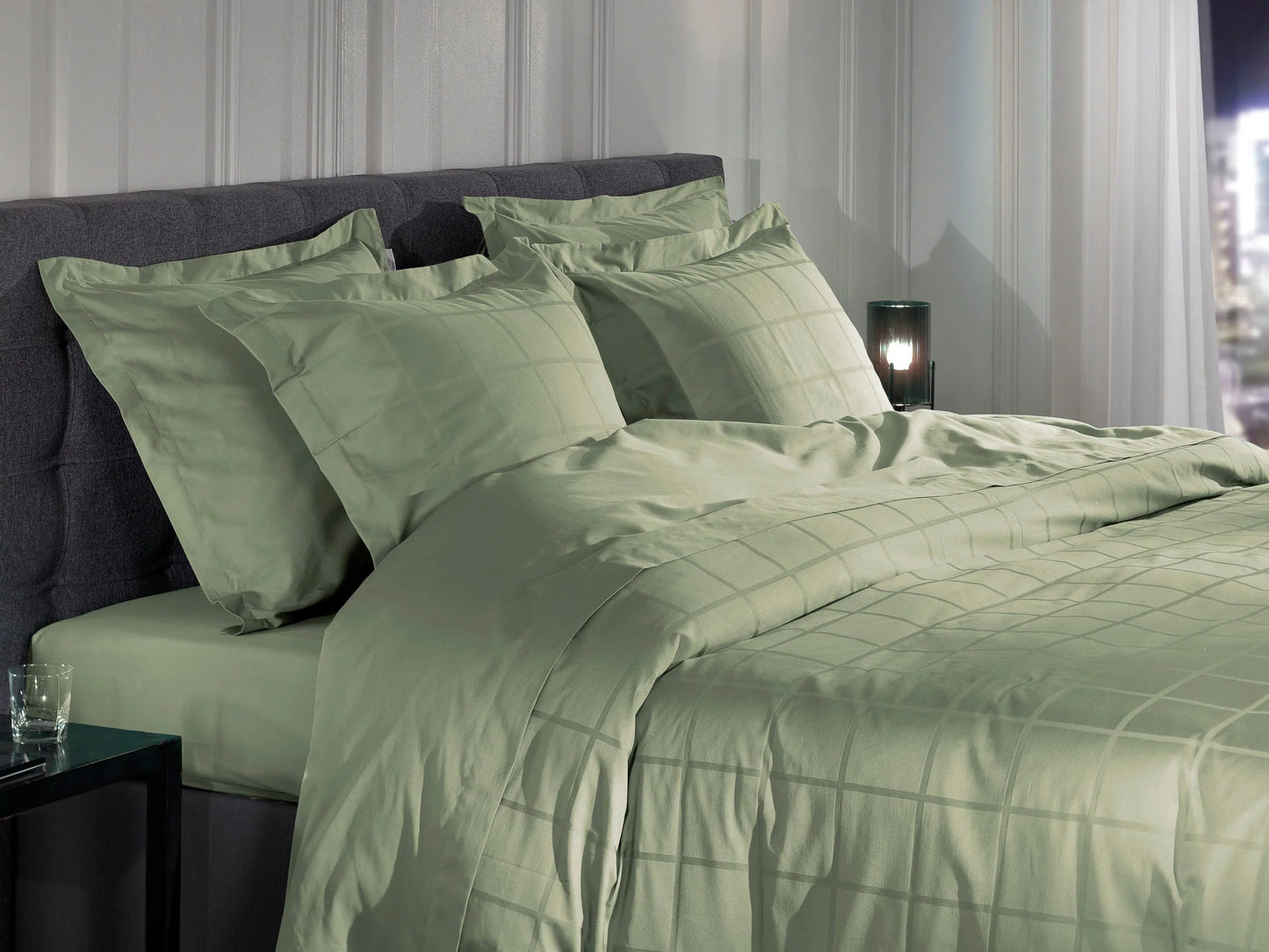 Light Green Checked Satin Duvet Cover Set