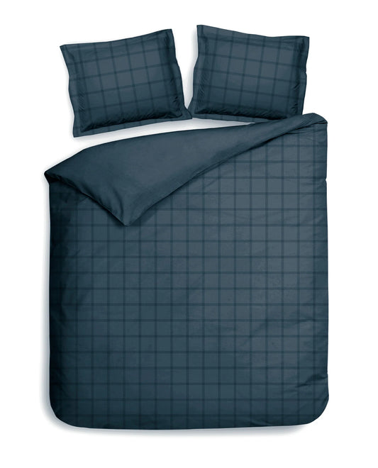 Navy Blue Checked Satin Duvet Cover Set