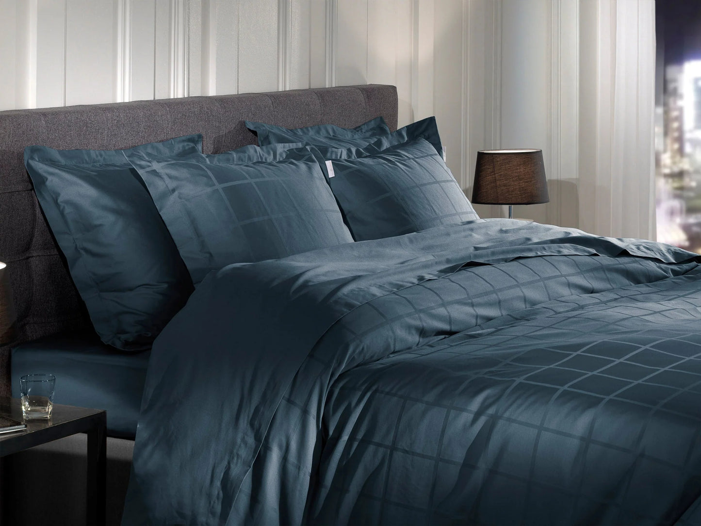 Navy Blue Checked Satin Duvet Cover Set