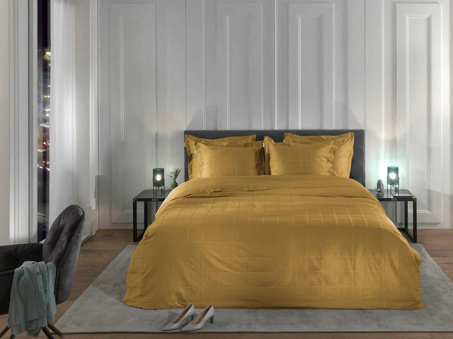 Gold Checked Satin Duvet Cover Set