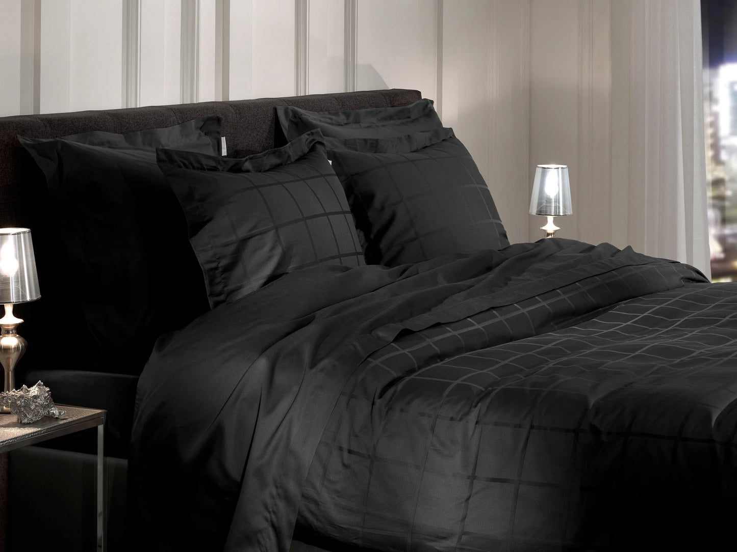 Black Checked Satin Duvet Cover Set