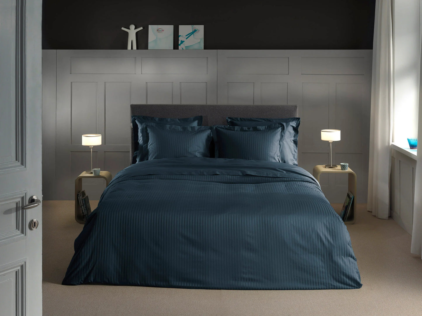 Navy Blue Satin Stripe Duvet Cover Set