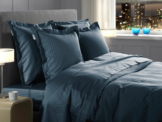 Navy Blue Satin Stripe Duvet Cover Set