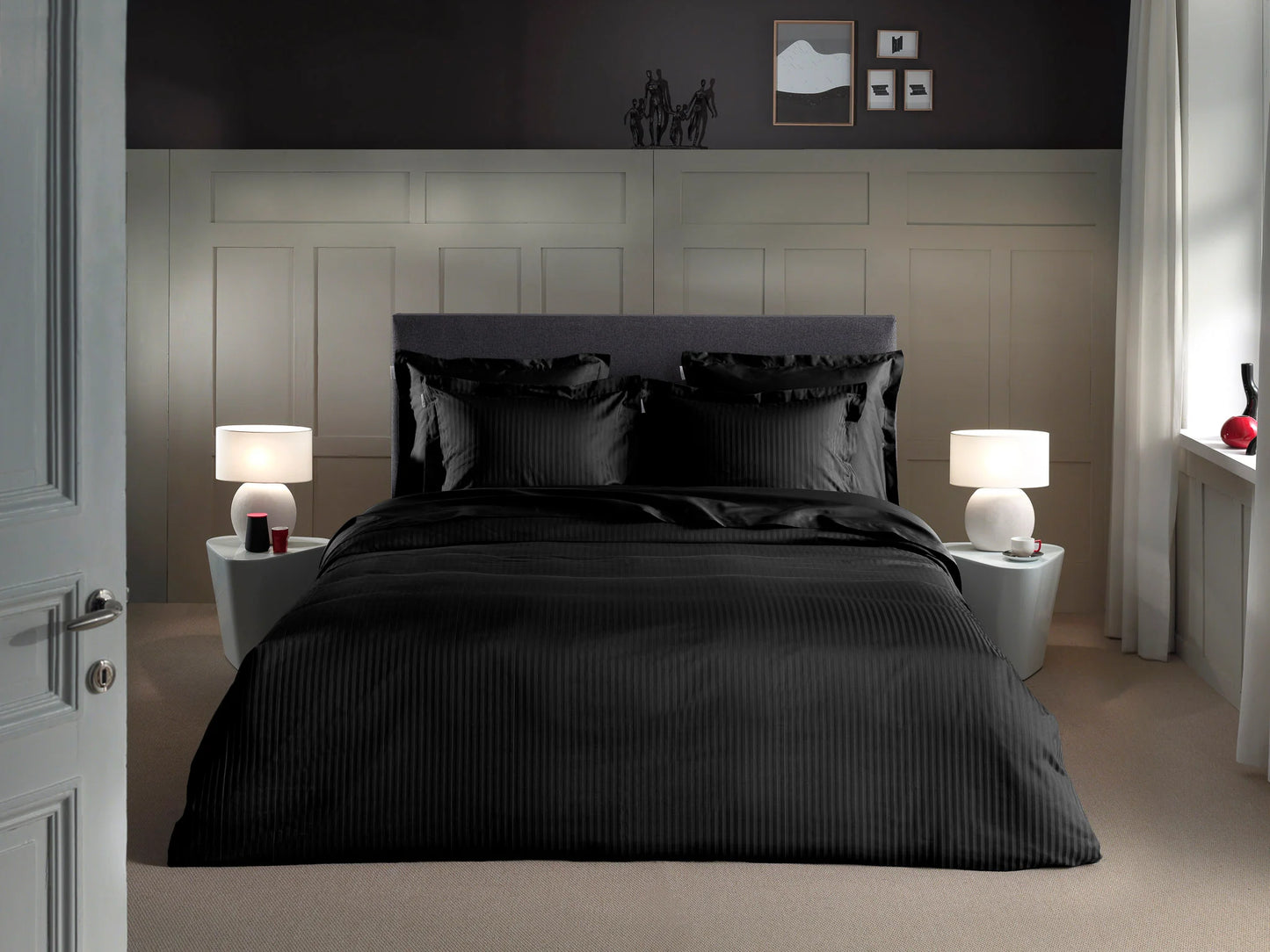 Black Satin Stripe Duvet Cover Set