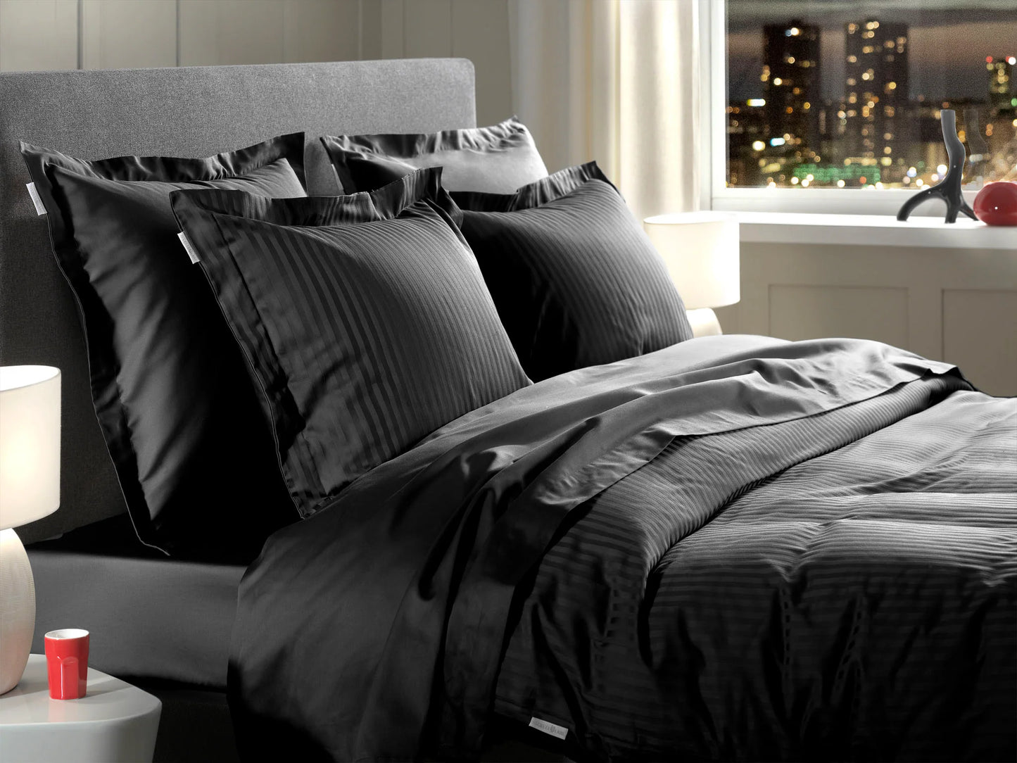 Black Satin Stripe Duvet Cover Set