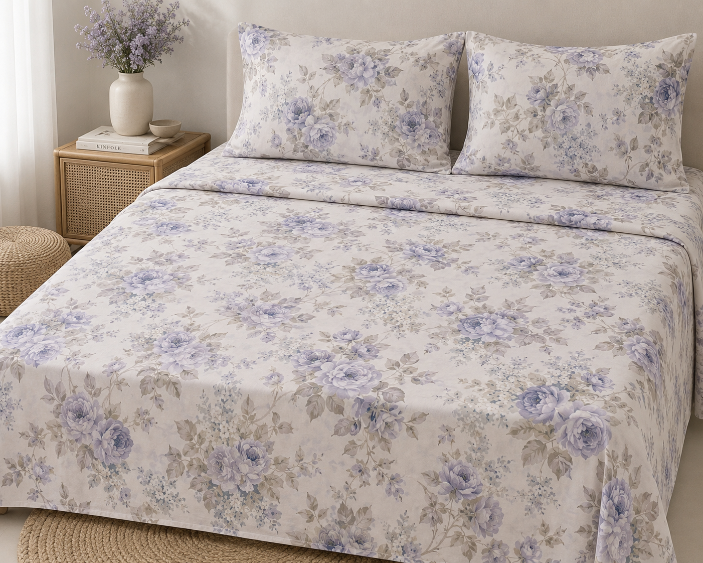 Flora Luxe Purple Print Bedsheet Set - 100% Cotton
