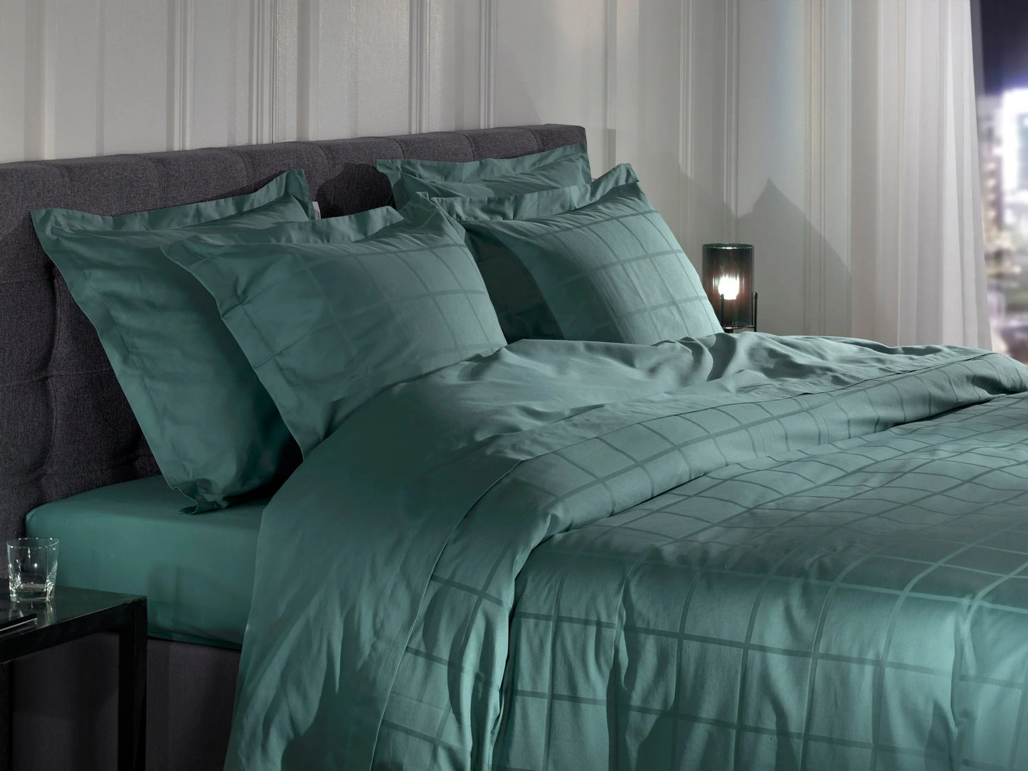 Mineral Green Checked Satin Duvet Cover Set