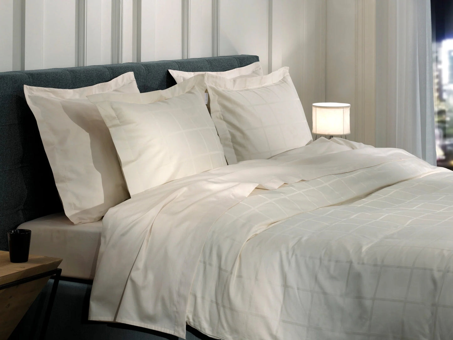 Off White Checked Satin Duvet Cover Set