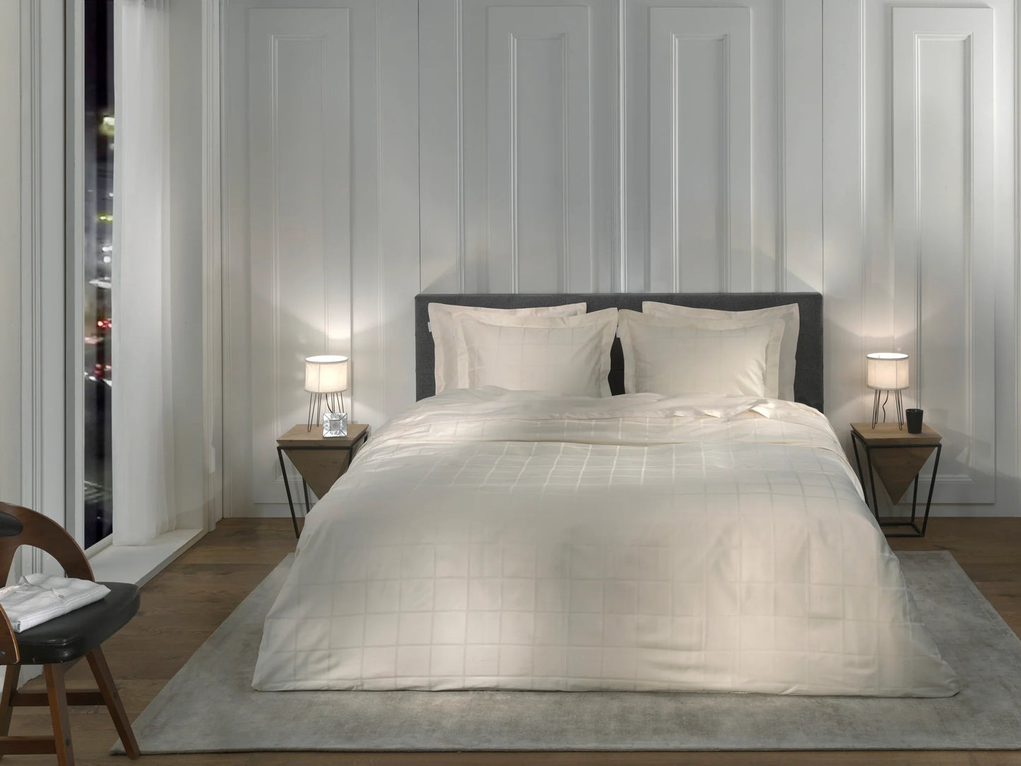 Off White Checked Satin Duvet Cover Set