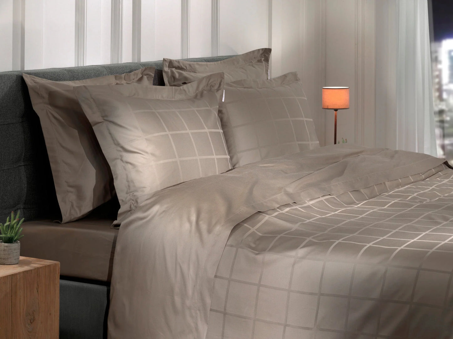 Taupe Checked Satin Duvet Cover Set