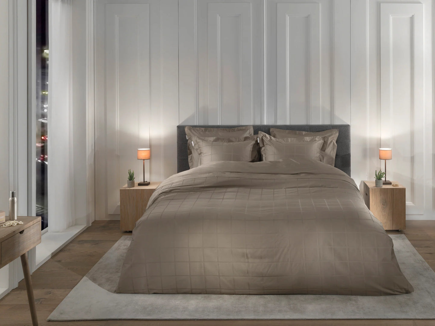 Taupe Checked Satin Duvet Cover Set
