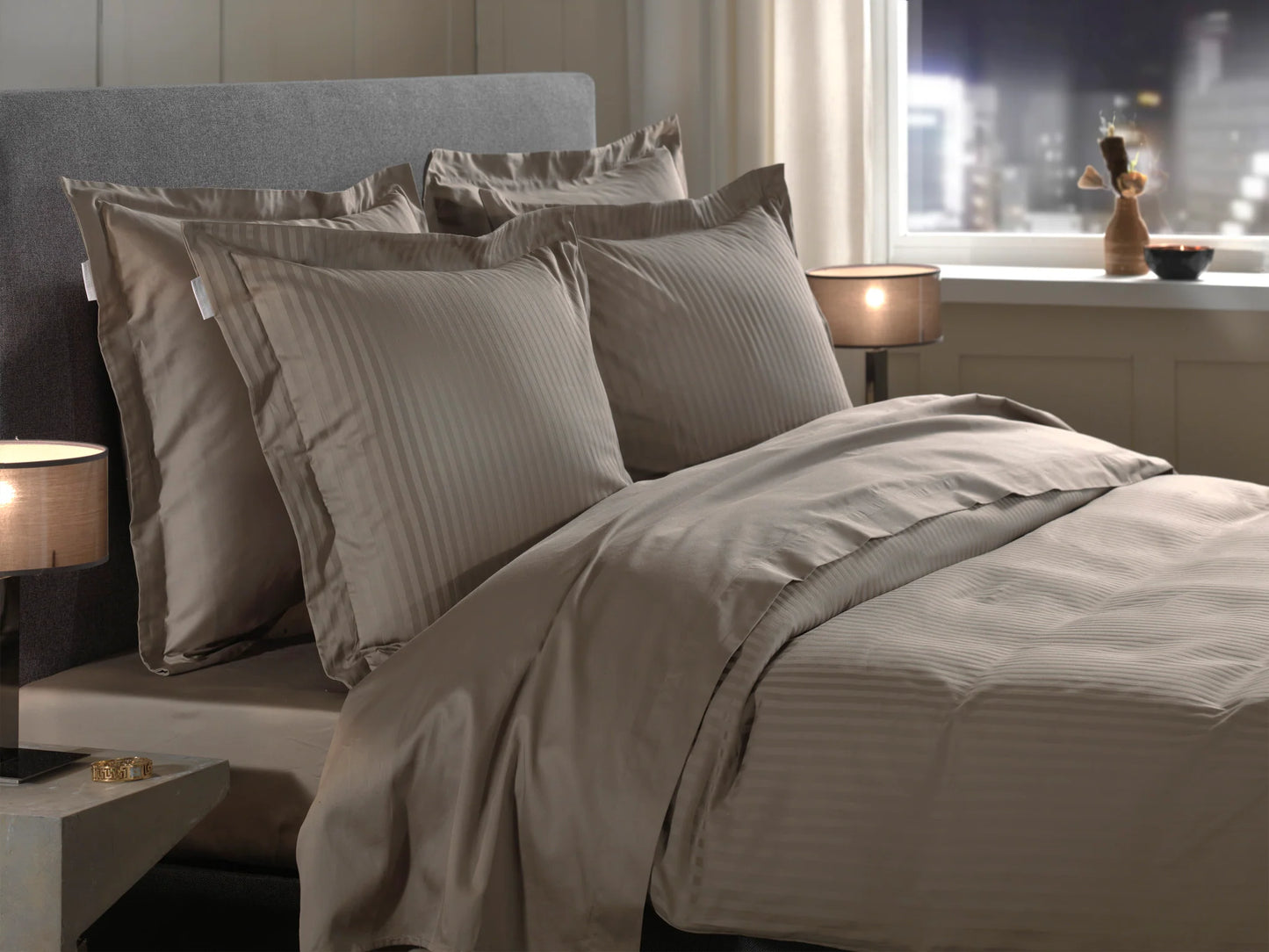 Taupe Satin Stripe Duvet Cover Set
