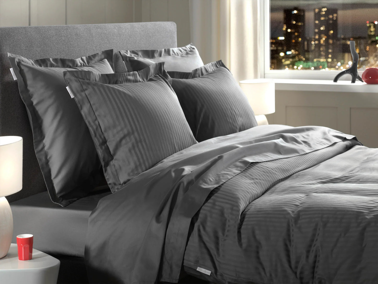 Anthracite Satin Stripe Duvet Cover Set