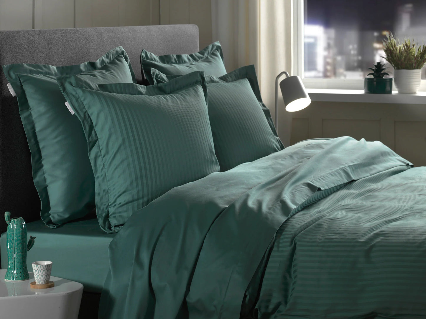 Mineral Green Satin Stripe Duvet Cover Set