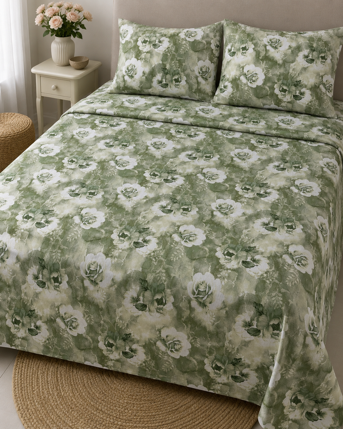 Flora Luxe Green Print Bedsheet Set - 100% Cotton