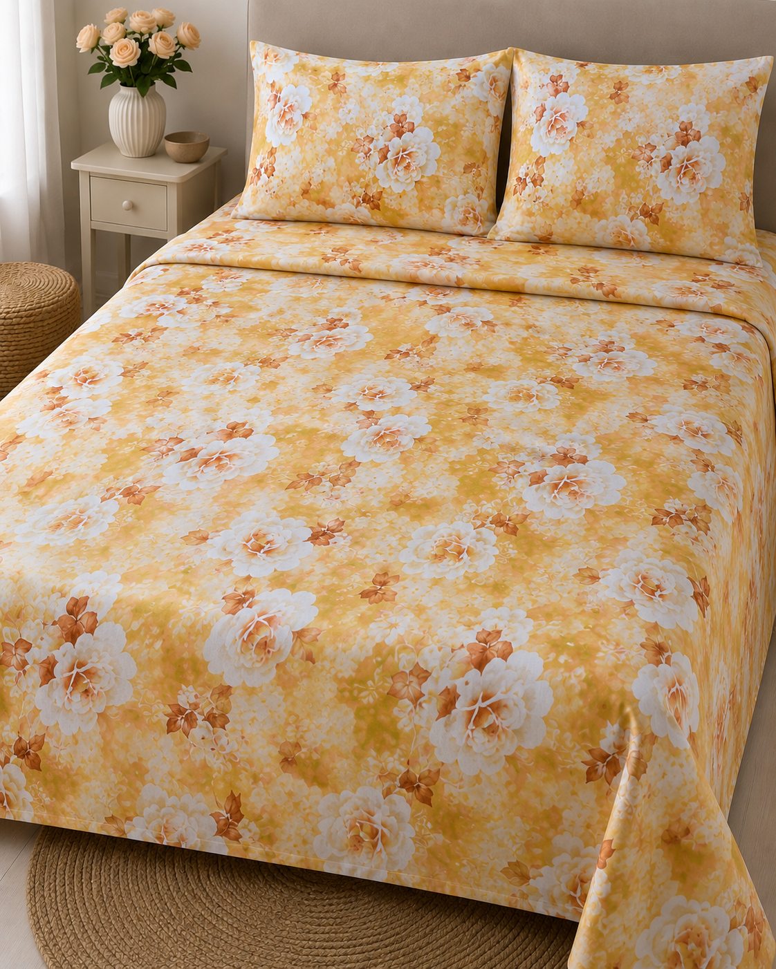Flora Luxe Yellow Print Bedsheet Set - 100% Cotton