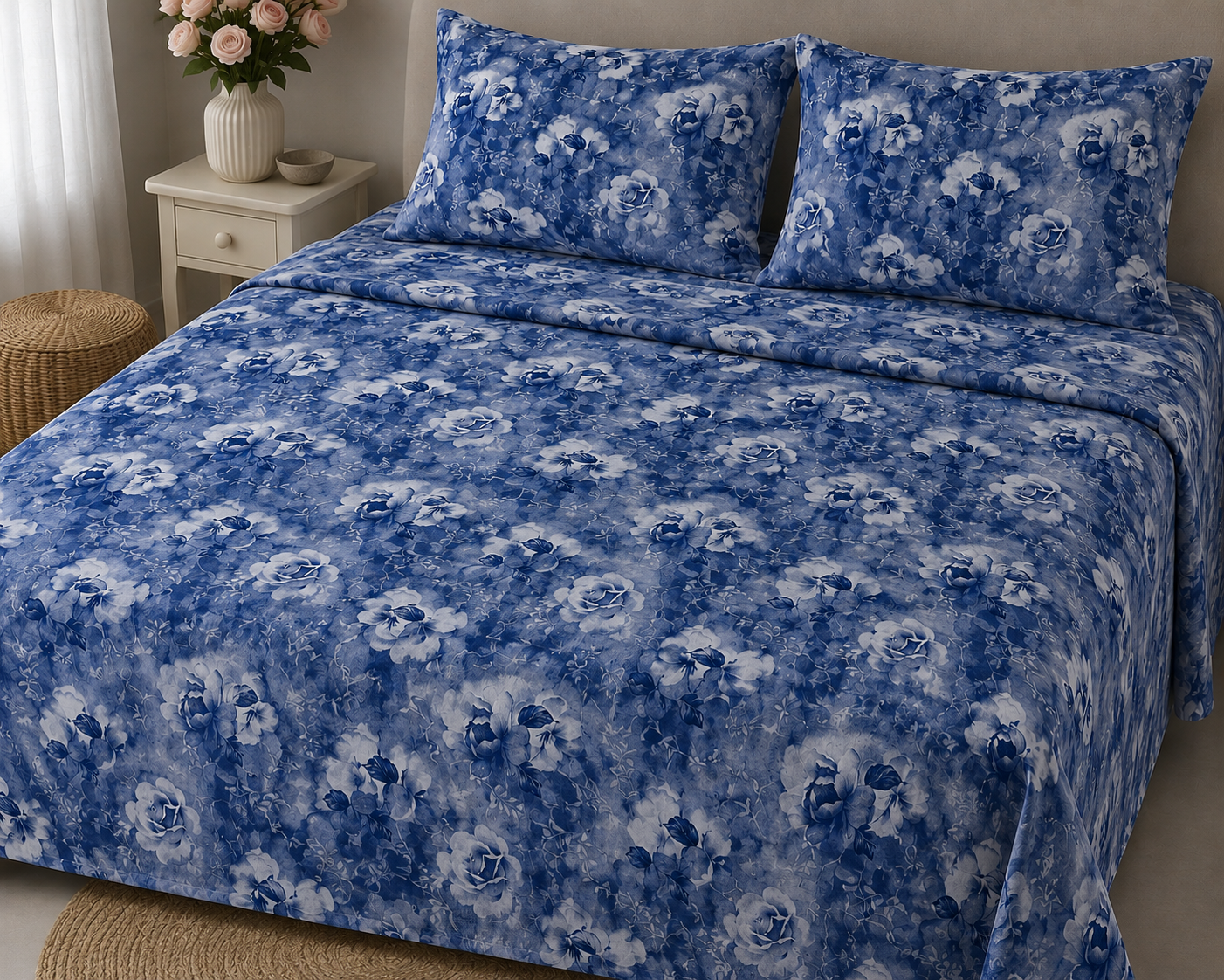 Flora Luxe Blue Print Bedsheet Set - 100% Cotton
